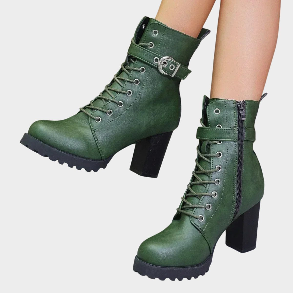 Freya | Women's Block Heel Leather Look Buckle Combat Boots - Green