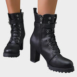 Freya | Women's Block Heel Leather Look Buckle Combat Boots