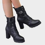 Freya | Women's Block Heel Leather Look Buckle Combat Boots