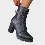 Freya | Women's Block Heel Leather Look Buckle Combat Boots
