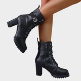 Freya | Women's Block Heel Leather Look Buckle Combat Boots - Black