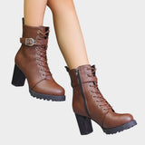 Freya | Women's Block Heel Leather Look Buckle Combat Boots - Brown