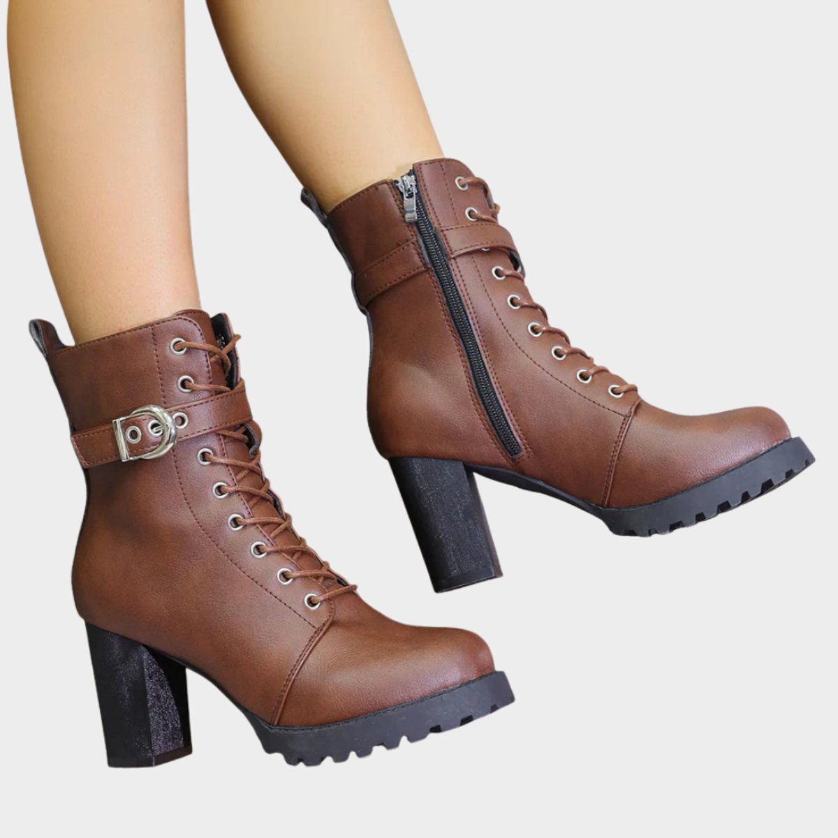Freya | Women's Block Heel Leather Look Buckle Combat Boots