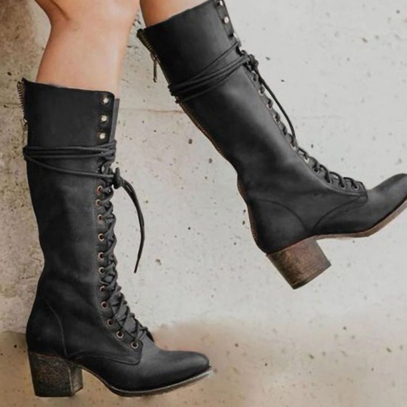 Evangeline | Women's Block Heel Leather Look Knee-High Boots - Black