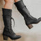 Evangeline | Women's Block Heel Leather Look Knee-High Boots - Black