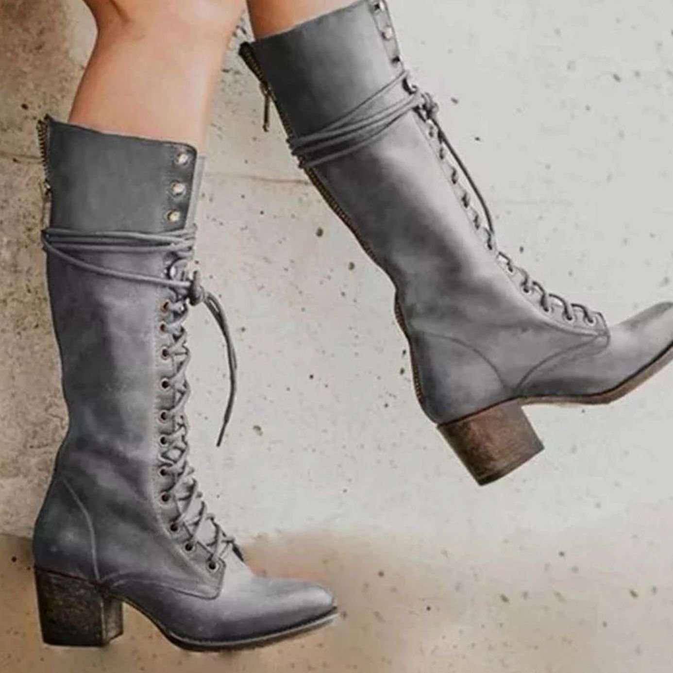 Evangeline | Women's Block Heel Leather Look Knee-High Boots - Grey