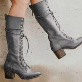 Evangeline | Women's Block Heel Leather Look Knee-High Boots - Grey