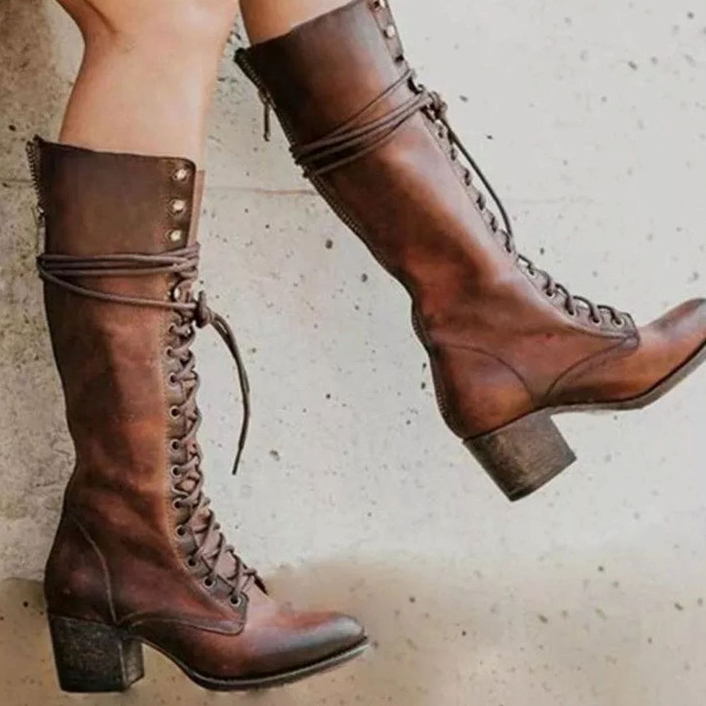 Evangeline | Women's Block Heel Leather Look Knee-High Boots - Brown