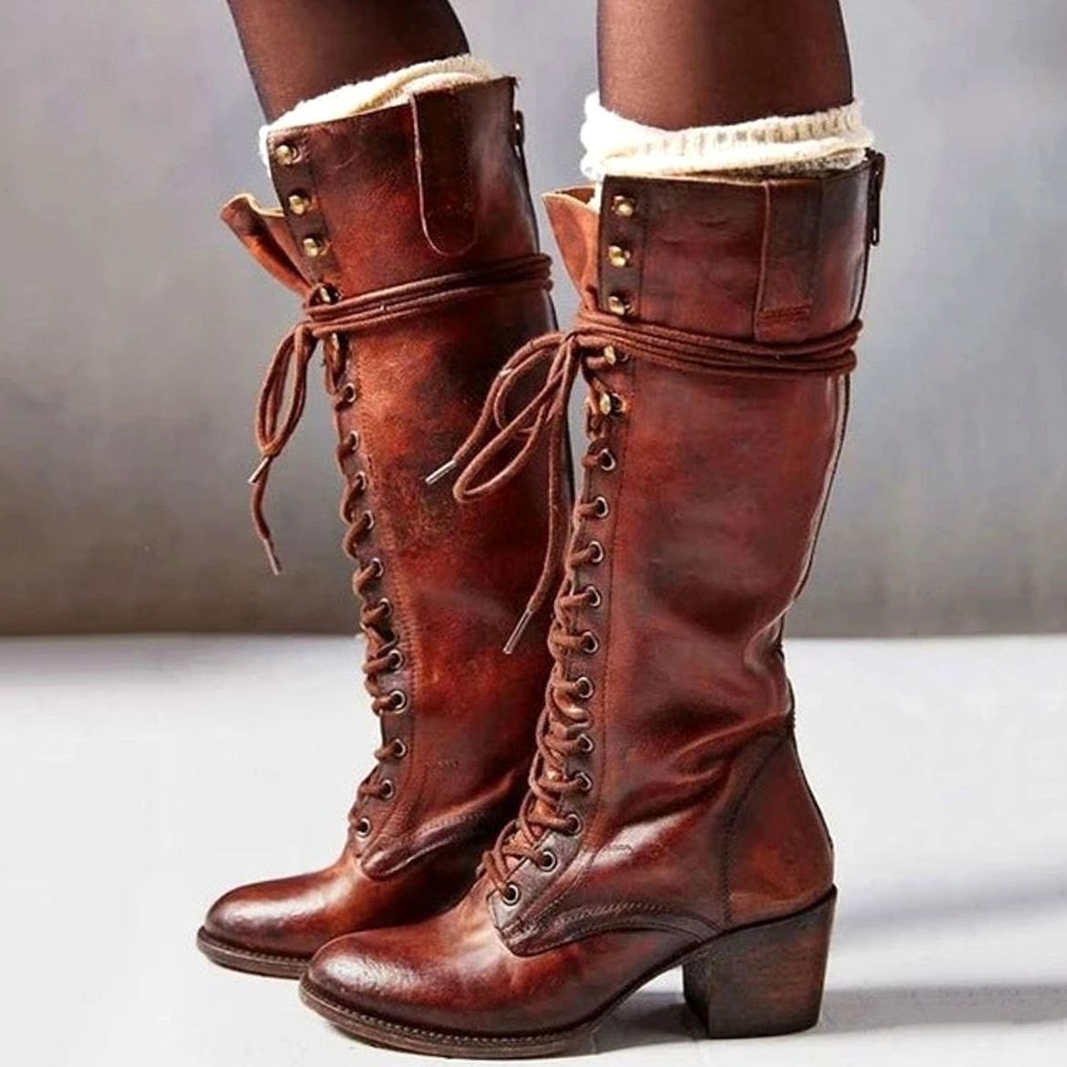 Evangeline | Women's Block Heel Leather Look Knee-High Boots - Red Brown