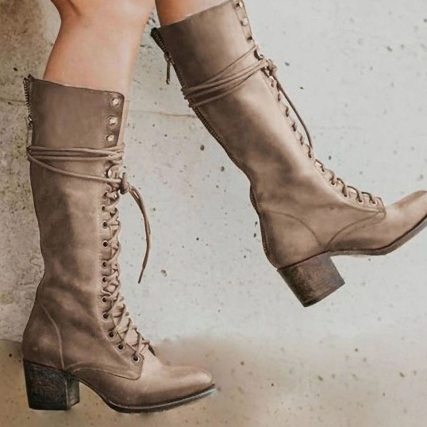 Evangeline | Women's Block Heel Leather Look Knee-High Boots - Khaki