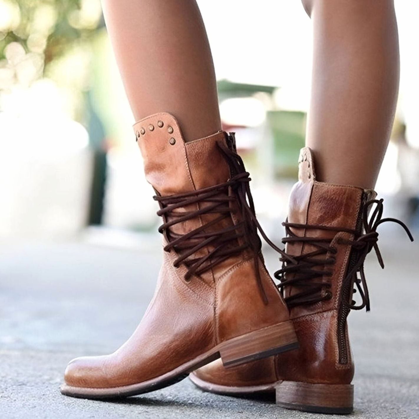 Cassie | Women's Block Heel Leather Look Ankle Boots - Brown