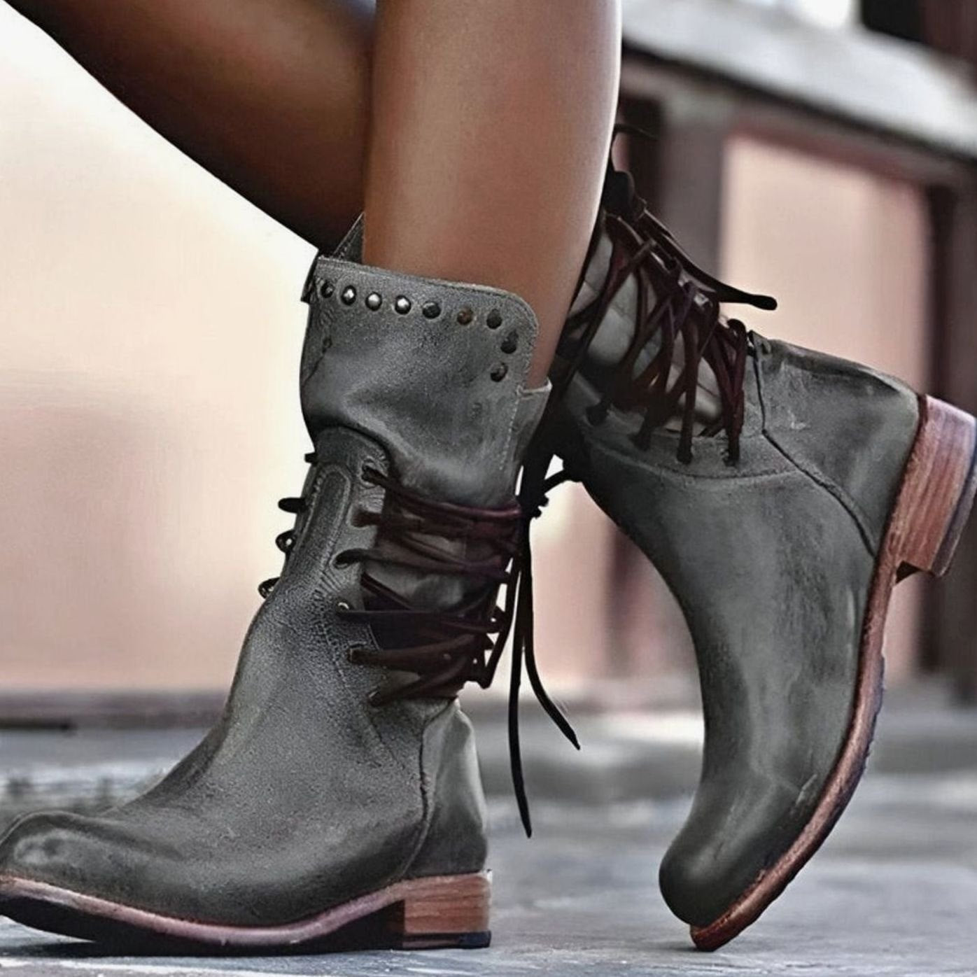 Cassie | Women's Block Heel Leather Look Ankle Boots - Grey