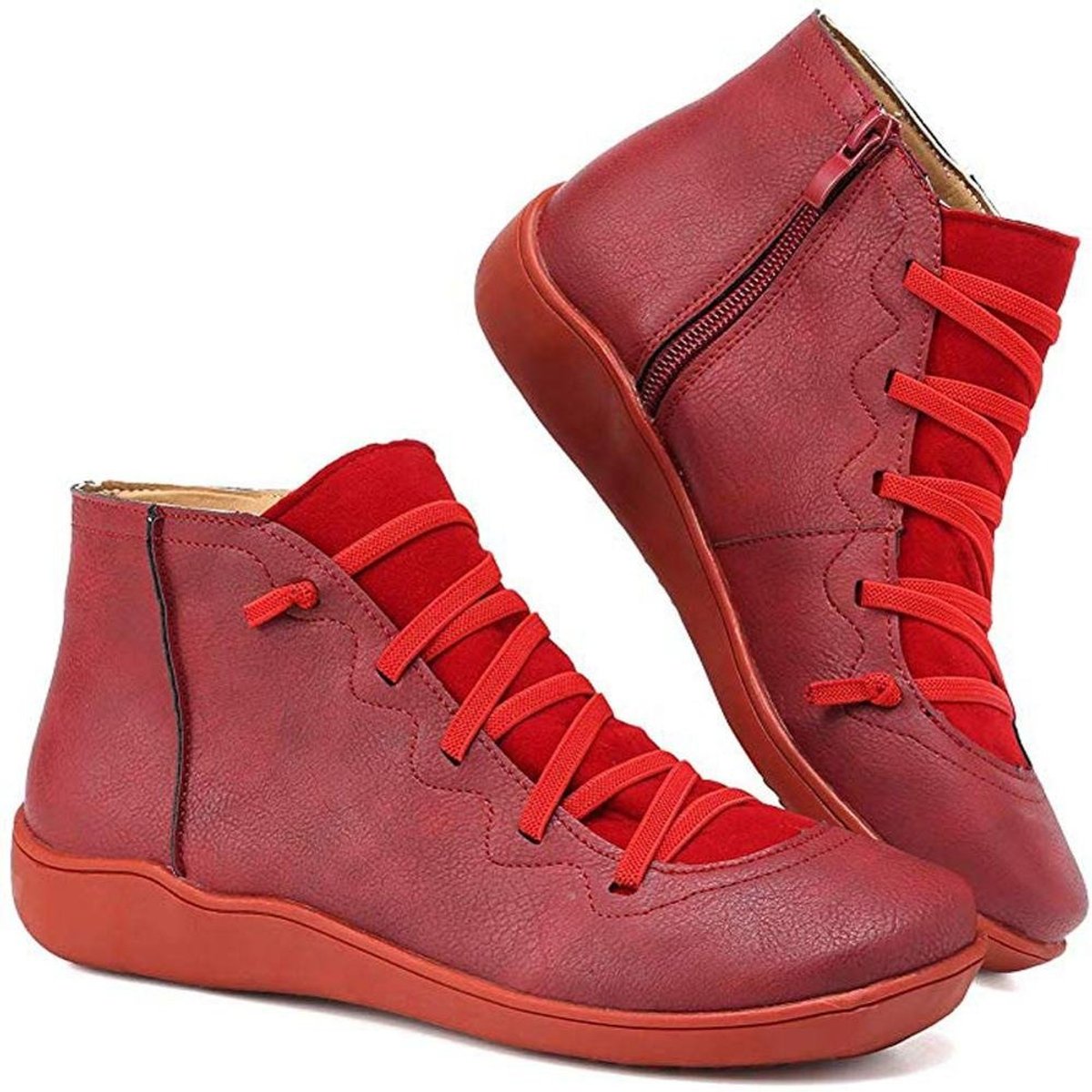 Candida | Women's Side Zip Leather Look Ankle Boots - Red