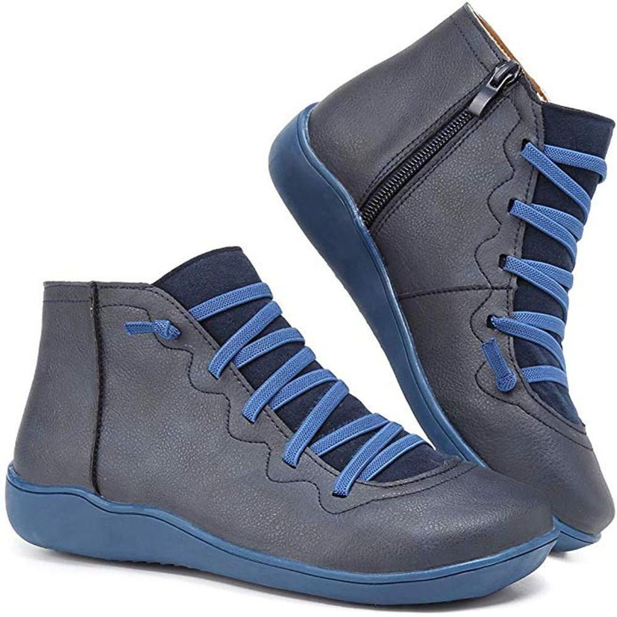 Candida | Women's Side Zip Leather Look Ankle Boots - Blue