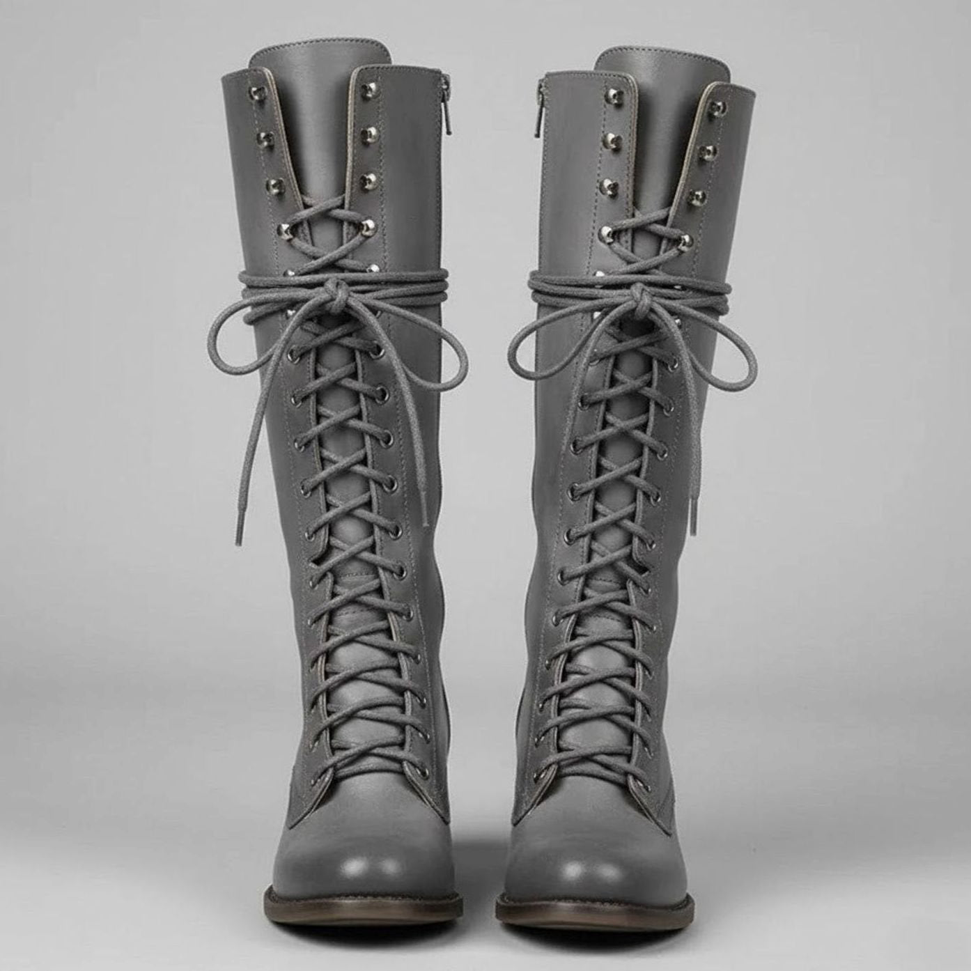 Celia | Women's Block Heel Studded Knee-High Boots - Grey