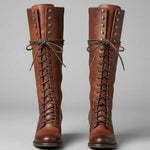Celia | Women's Block Heel Studded Knee-High Boots - Red Brown