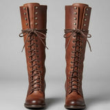 Celia | Women's Block Heel Studded Knee-High Boots - Red Brown