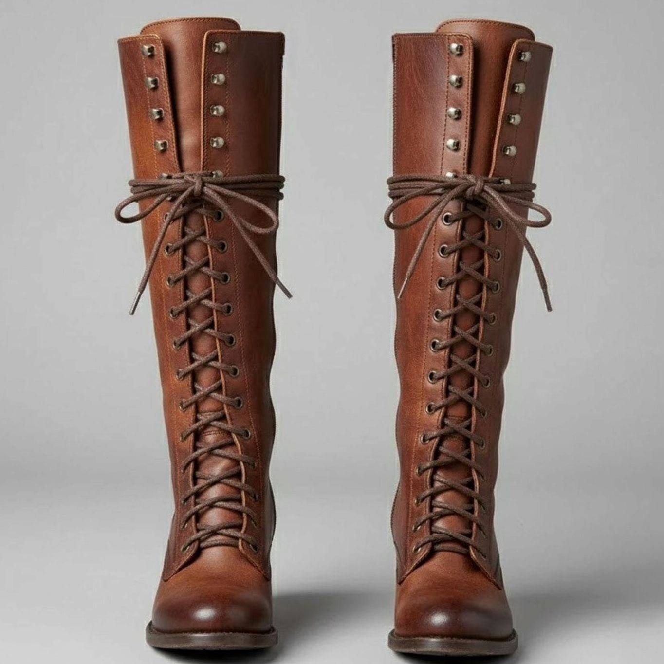 Celia | Women's Block Heel Studded Knee-High Boots - Red Brown