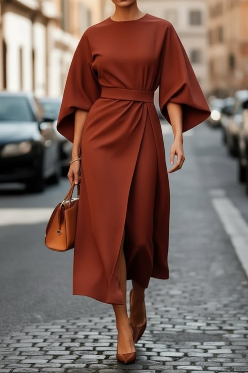 Isabelle | Women's Lantern Sleeve Midi Cocktail Dress - Rust Brown