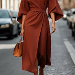 Isabelle | Women's Lantern Sleeve Midi Cocktail Dress - Rust Brown