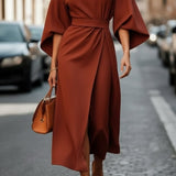 Isabelle | Women's Lantern Sleeve Midi Cocktail Dress - Rust Brown