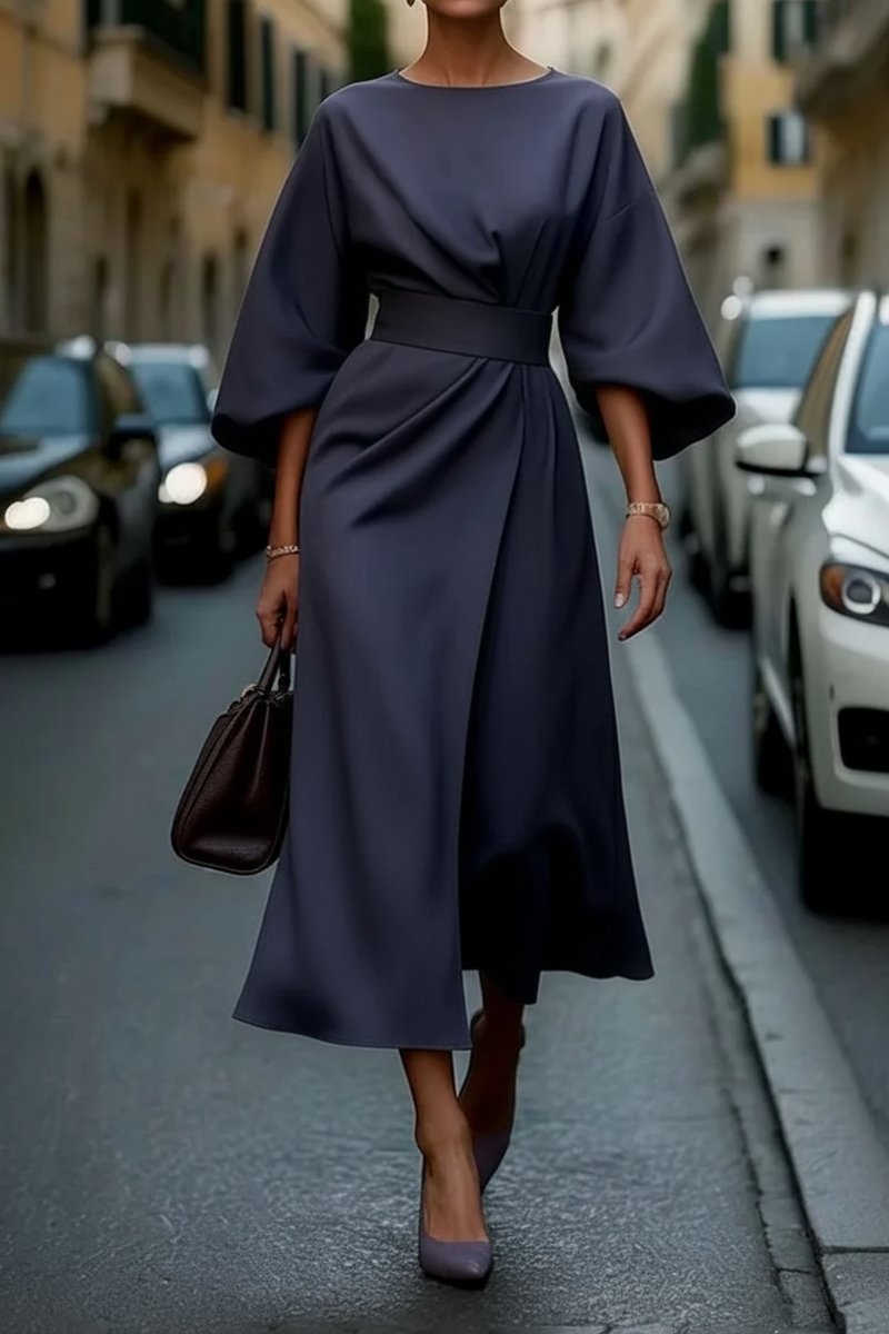 Isabelle | Women's Lantern Sleeve Midi Cocktail Dress - Navy Blue