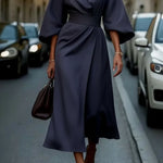 Isabelle | Women's Lantern Sleeve Midi Cocktail Dress - Navy Blue