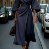 Isabelle | Women's Lantern Sleeve Midi Cocktail Dress - Navy Blue