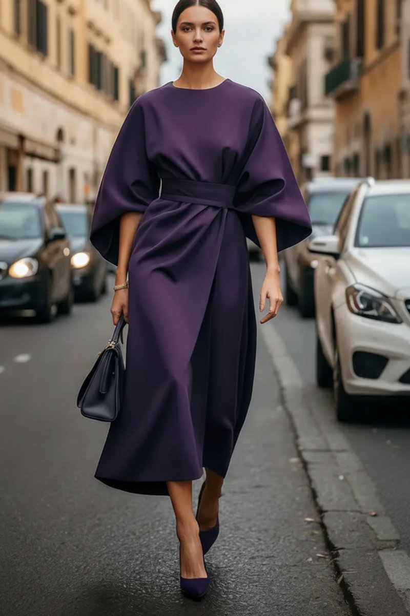 Isabelle | Women's Lantern Sleeve Midi Cocktail Dress - Purple