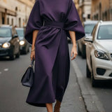 Isabelle | Women's Lantern Sleeve Midi Cocktail Dress - Purple