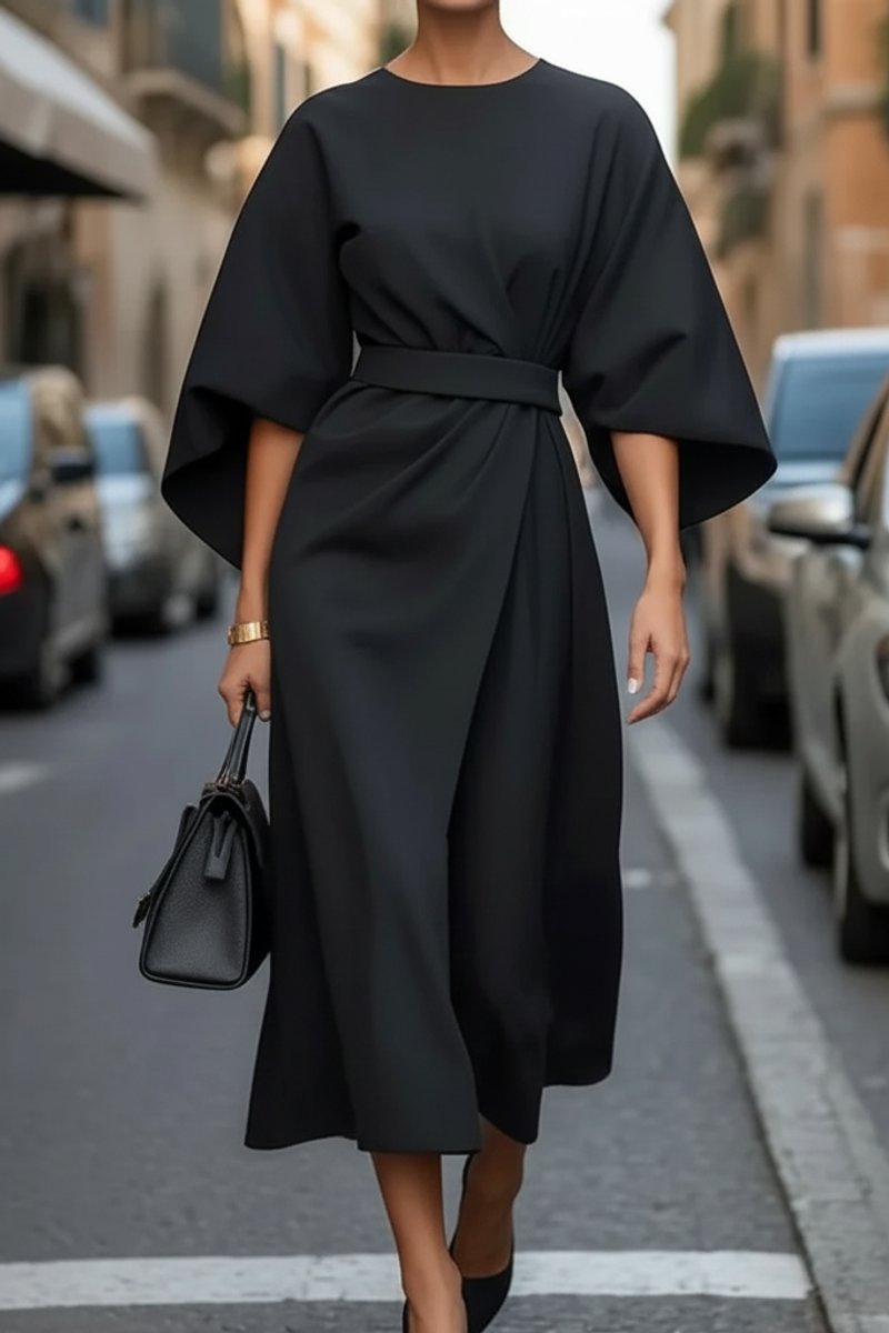 Isabelle | Women's Lantern Sleeve Midi Cocktail Dress - Black