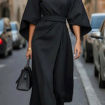 Isabelle | Women's Lantern Sleeve Midi Cocktail Dress - Black