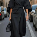 Isabelle | Women's Lantern Sleeve Midi Cocktail Dress - Black