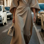 Isabelle | Women's Lantern Sleeve Midi Cocktail Dress - Beige