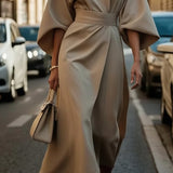 Isabelle | Women's Lantern Sleeve Midi Cocktail Dress - Beige