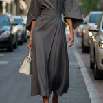 Isabelle | Women's Lantern Sleeve Midi Cocktail Dress - Gray