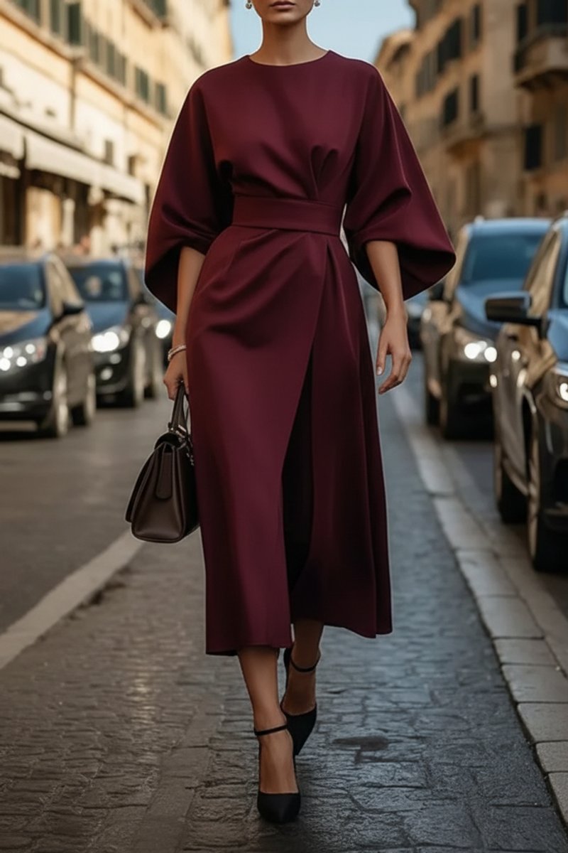 Isabelle | Women's Lantern Sleeve Midi Cocktail Dress - Burgundy
