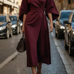 Isabelle | Women's Lantern Sleeve Midi Cocktail Dress - Burgundy