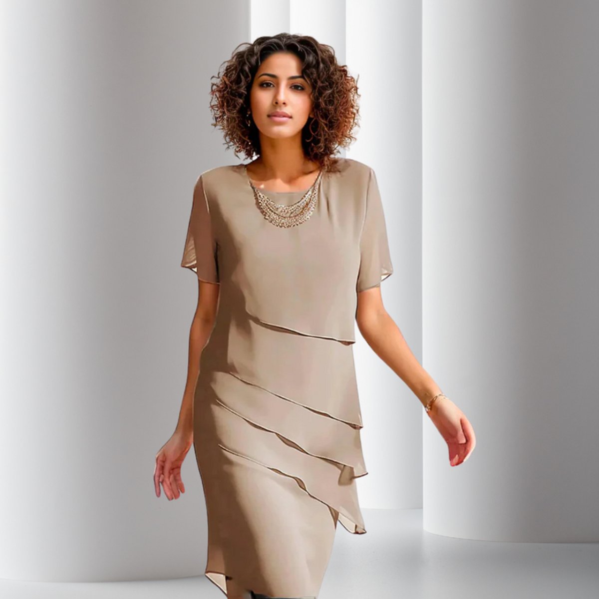 Ava | Women's Chiffon Short Sleeve Midi Cocktail Dress - Khaki