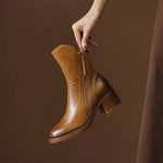 Esther | Women's Block Heel Leather Look Ankle Boots - Brown