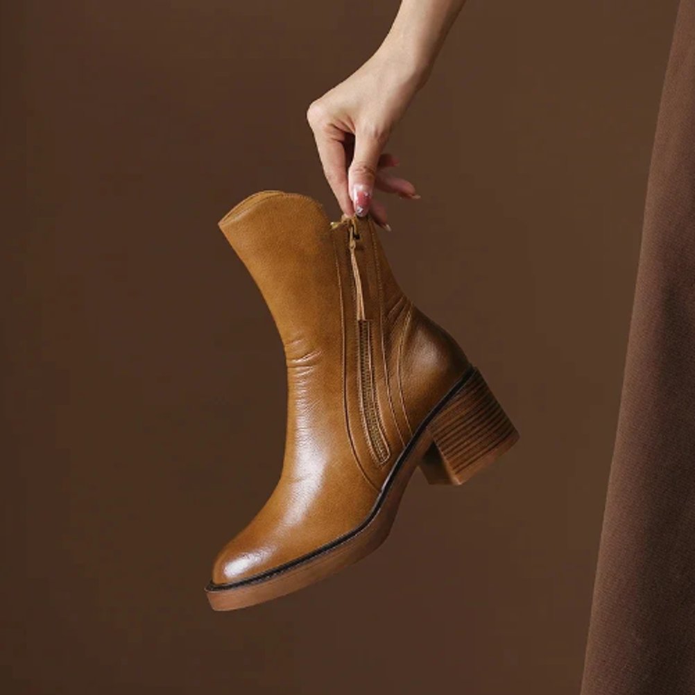 Esther | Women's Block Heel Leather Look Ankle Boots - Brown