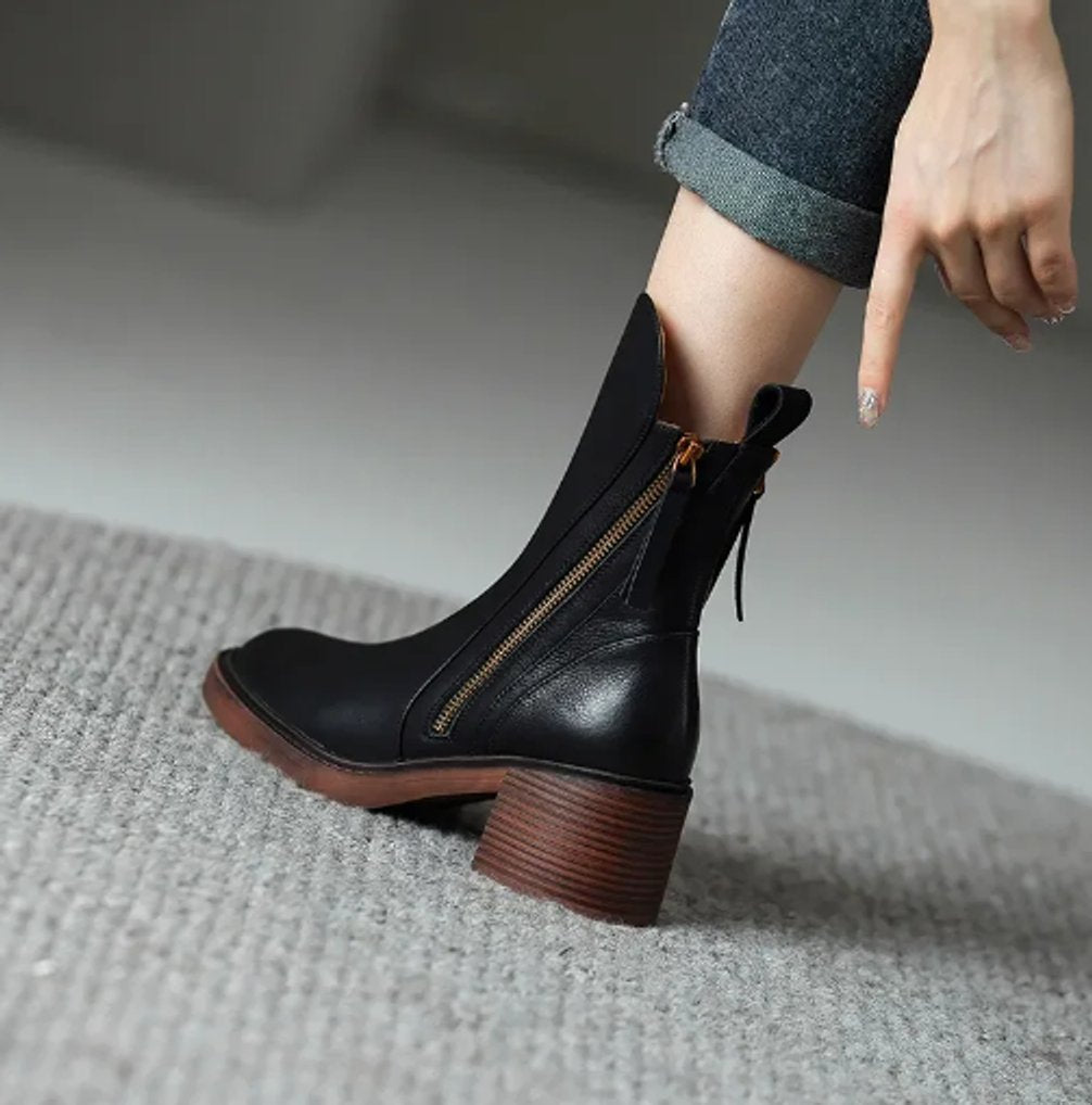Esther | Women's Block Heel Leather Look Ankle Boots