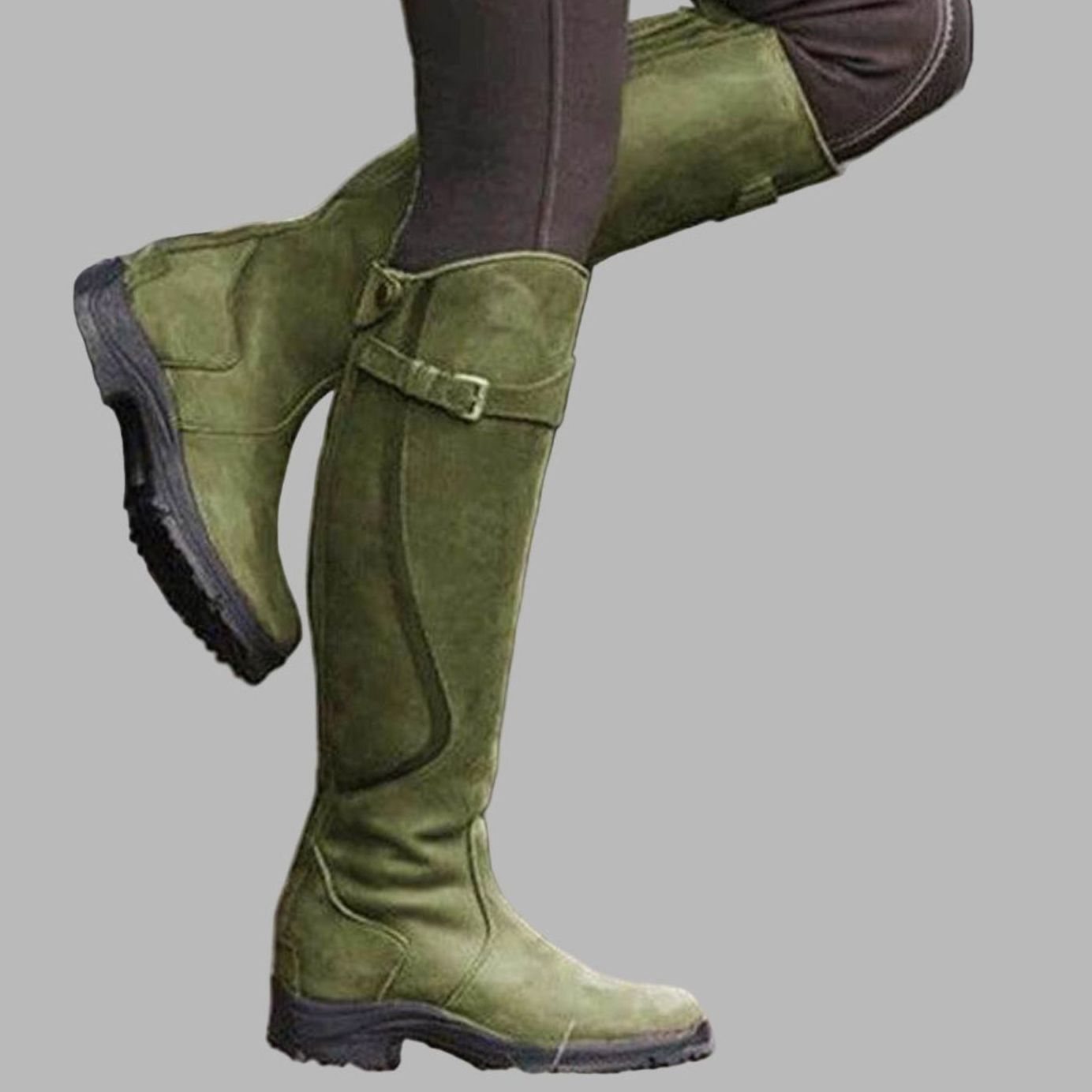 Jasmine | Women's Leather Look Buckle Knee-High Boots - Green
