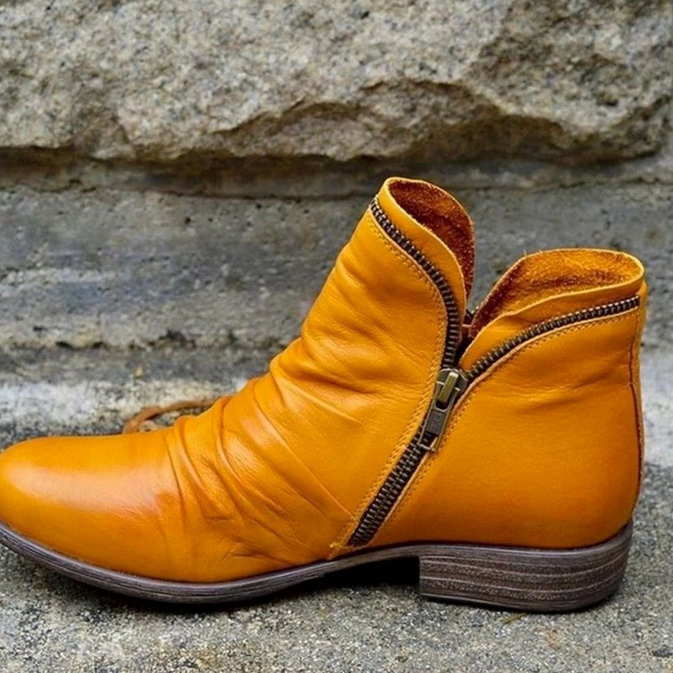 Enid | Women's Ruched Side Zip Leather Look Ankle Boots - Yellow