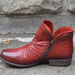 Enid | Women's Ruched Side Zip Leather Look Ankle Boots - Red
