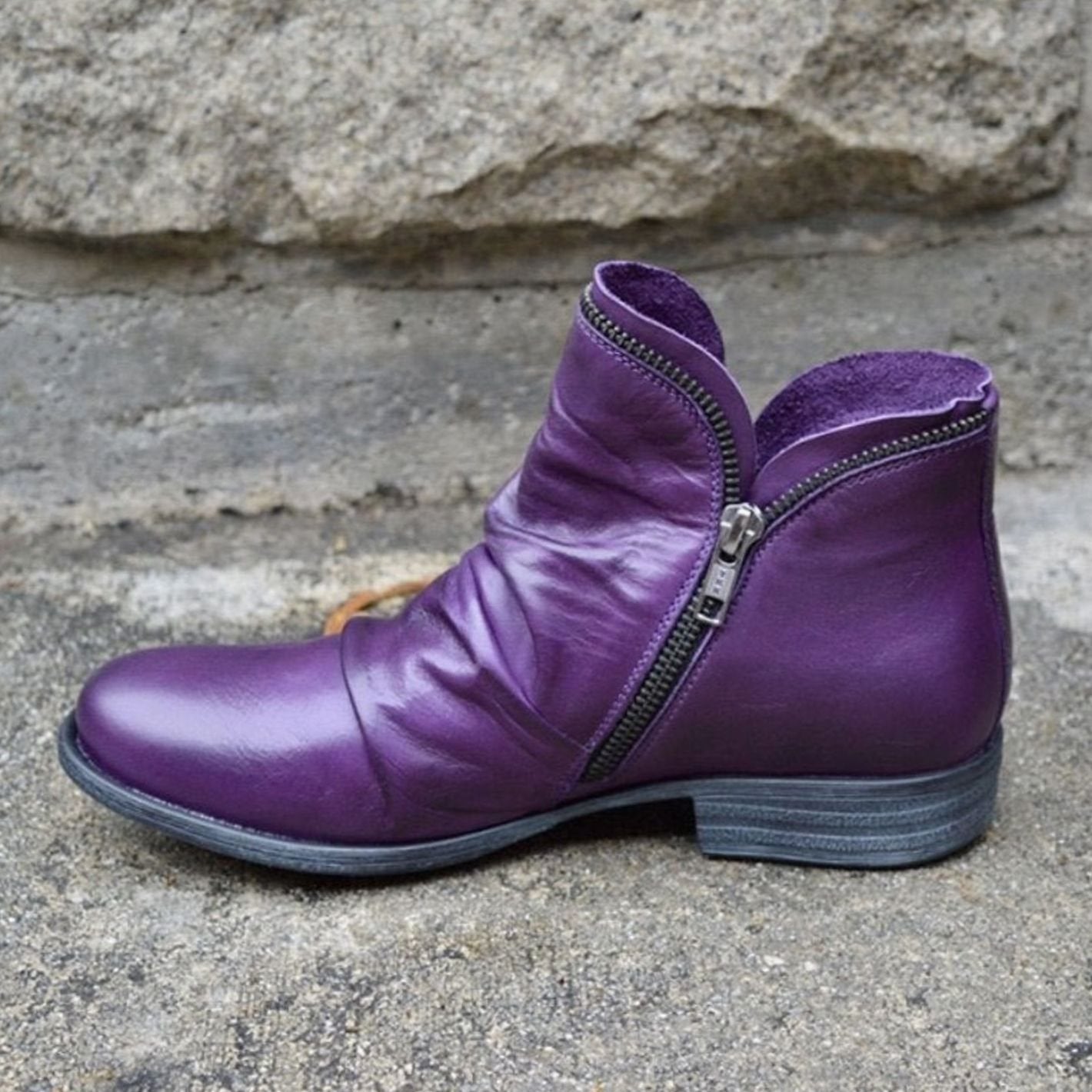 Enid | Women's Ruched Side Zip Leather Look Ankle Boots - Purple