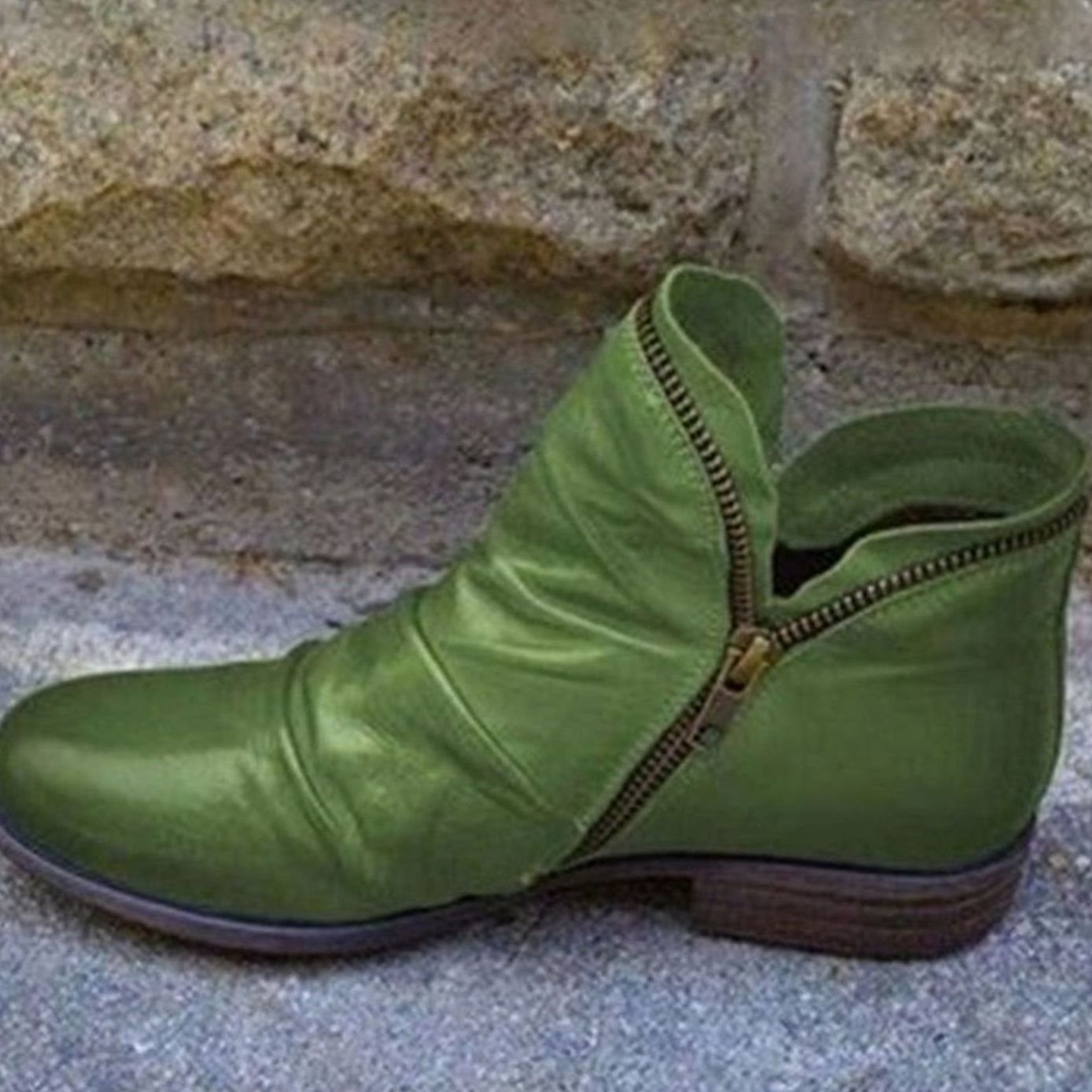 Enid | Women's Ruched Side Zip Leather Look Ankle Boots - Green