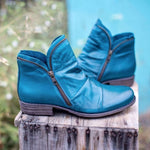 Enid | Women's Ruched Side Zip Leather Look Ankle Boots - Blue