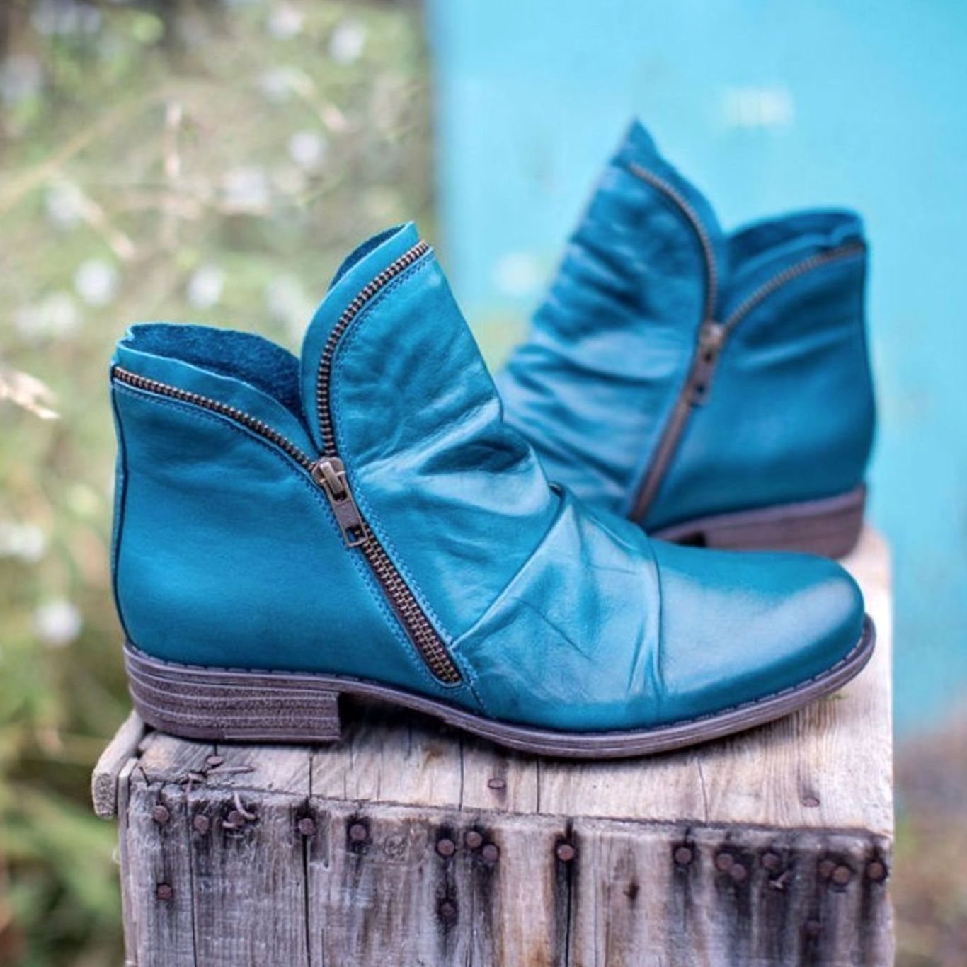 Enid | Women's Ruched Side Zip Leather Look Ankle Boots - Blue