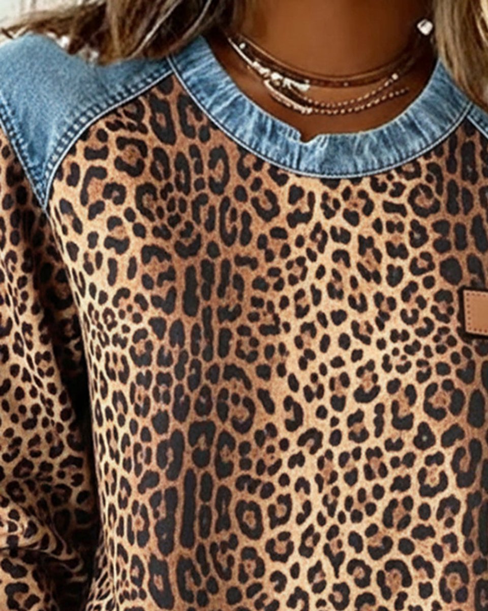 Dahlia | Women's Long Sleeve Leopard Print Patchwork Jumper - Brown